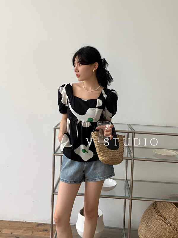 [v.studio] square neck bubble sleeve short shirt ys1-8839\zjy
