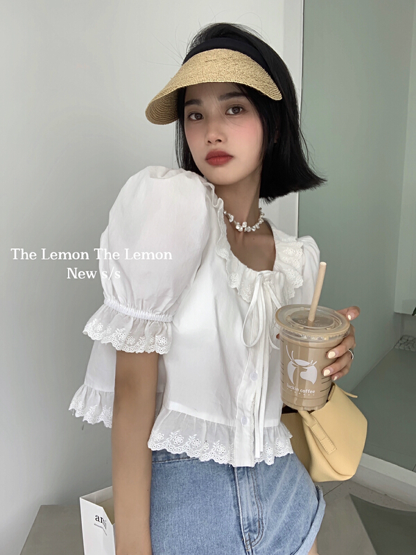 [lemon green tea] Korean version lotus leaf collar fresh temperament shirt 2186\hjy