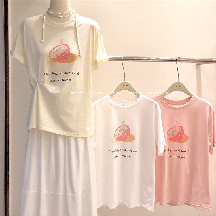 [Momo] simple casual printed round neck short sleeve T-shirt 3907\hbx