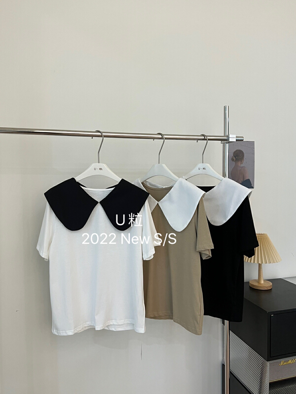 [U grain] fresh and simple bow baby neck short sleeve T-shirt 5977\hbx