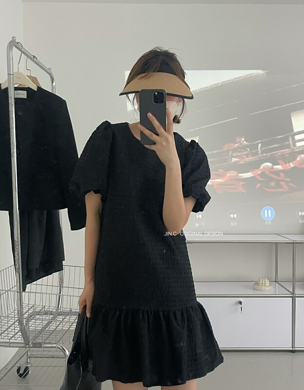 [jin.c] round neck bubble sleeve slim dress z1529\y