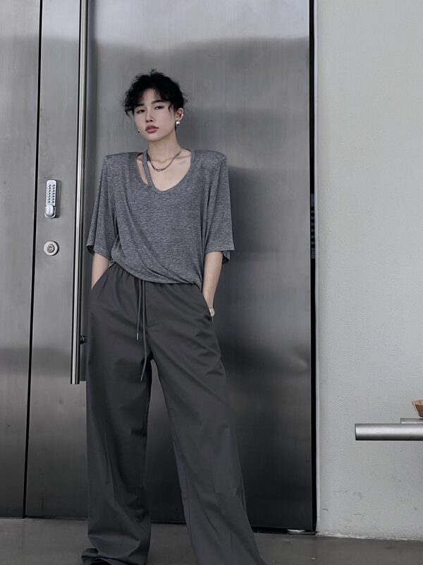 [all in] Korean V-neck solid color loose and versatile short sleeve T-shirt (including 45% wool) 4251\ozq