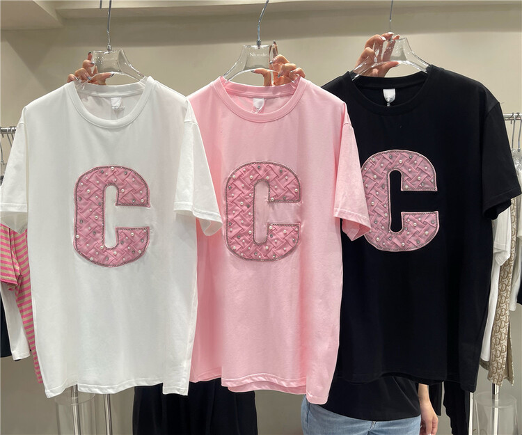 [NN] niche design nail bead c letter short sleeve T-shirt ys1-8632\xyy