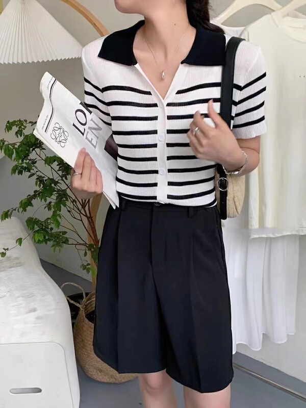 [OP one piece] Striped Polo neck thin knit cardigan 70003\hjy