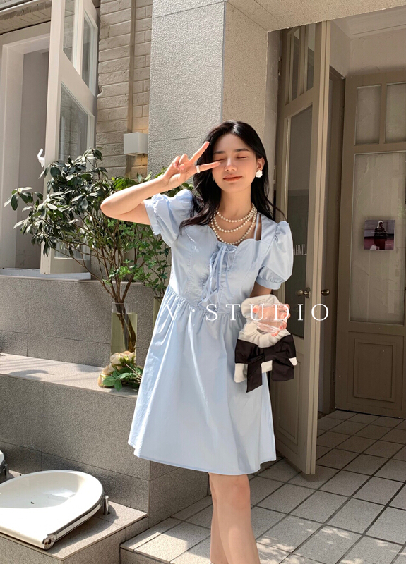 [v.] square neck Style Bubble Sleeve Dress 5251\ll