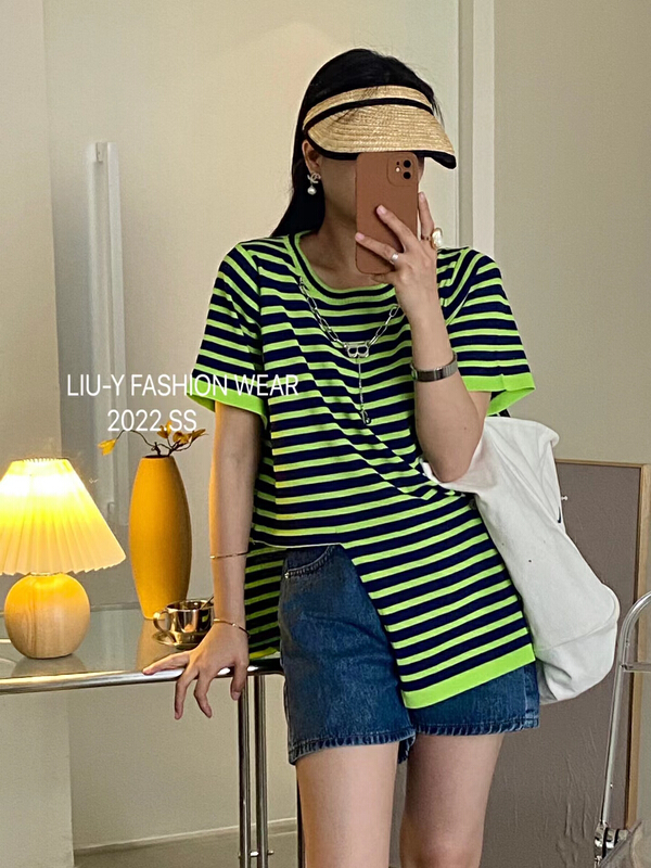 [liu.y] stripe Pullover ice silk short sleeve T-shirt (with chain) 3515\l