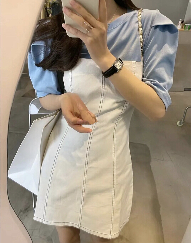 [y.jia EJA] solid color short sleeve chain strap skirt set 9523