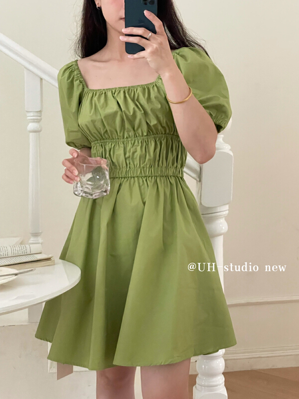 [uh] front and back neckline waistband temperament dress 7787\hjy