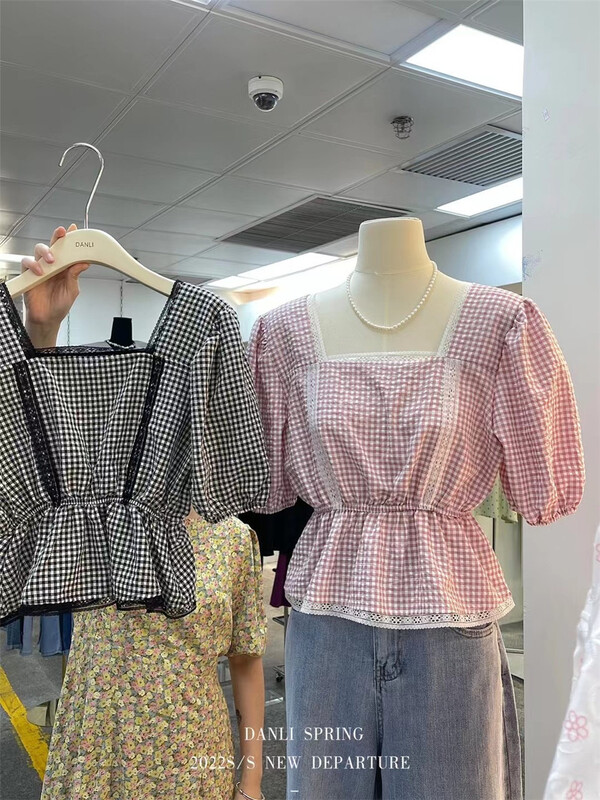 [Danli] square neck Plaid fashion Korean small shirt (only selling small shirts) 6190\hbx