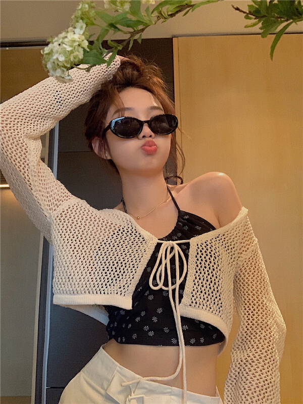 [y.jia EJA] simple and versatile hollow out sunscreen bandage knitted cardigan 238