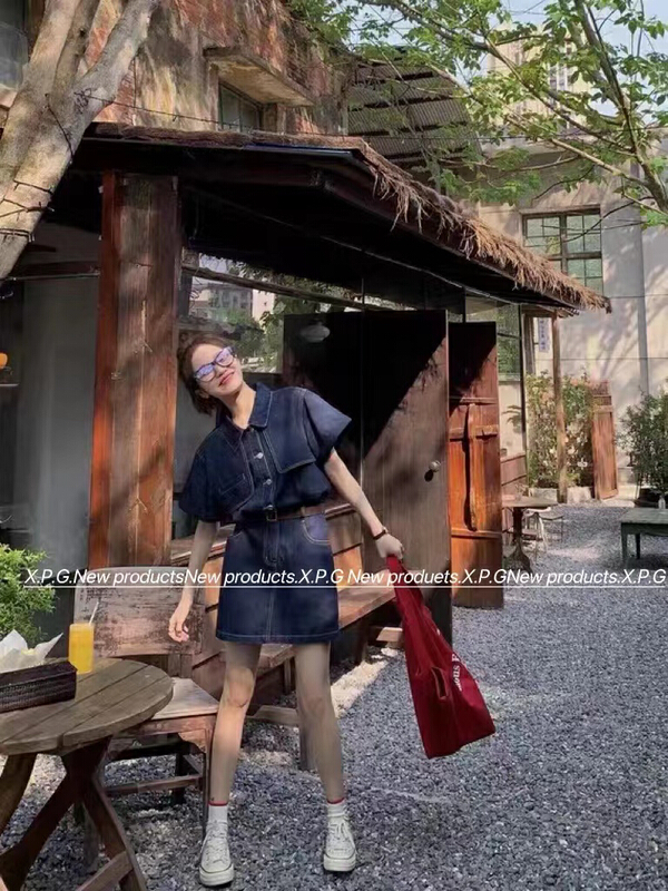 [x.p.g] New Korean slim denim dress (with belt) 21108\hjy