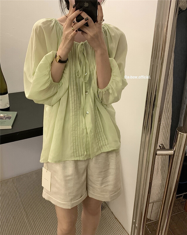 [a-bow studio] round neck pleated versatile shirt (only selling shirts) 15193\zjy