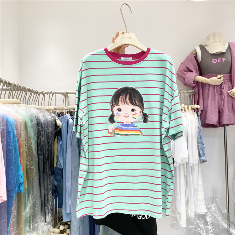 [new time /l&y home] casual simple stripe girls' printed short sleeve T-shirt 1215\xyy