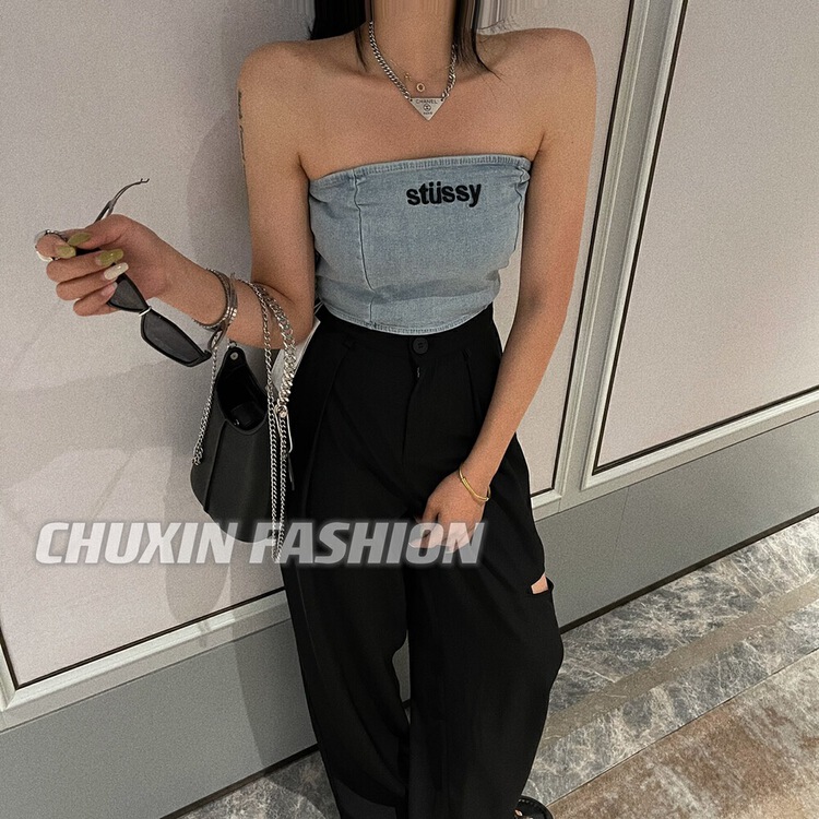 [mix] Embroidered Denim Strapless tank top / sling 0258\wtt