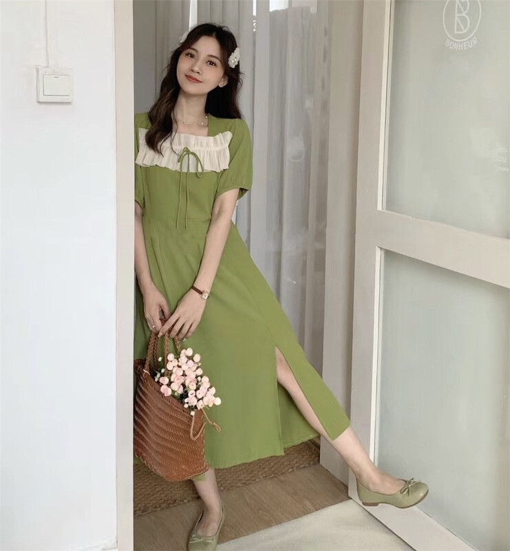 [Xiangli] Korean color blocking design square neck bubble sleeve dress 8555\pcz