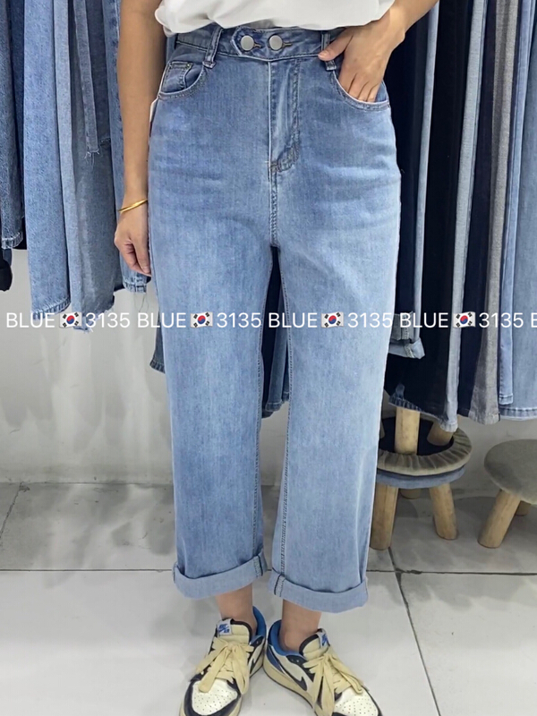 [blue] thin high elastic double button straight jeans 3135\zjy