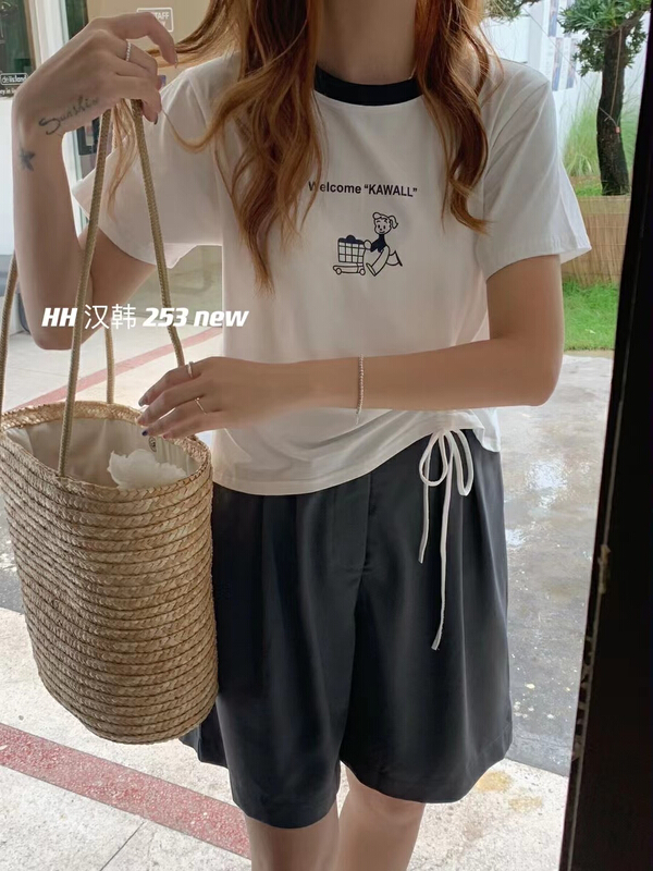[HH &miss Lai] simple letter cartoon comfortable Korean color blocking drawstring short sleeve T-shirt 253\l