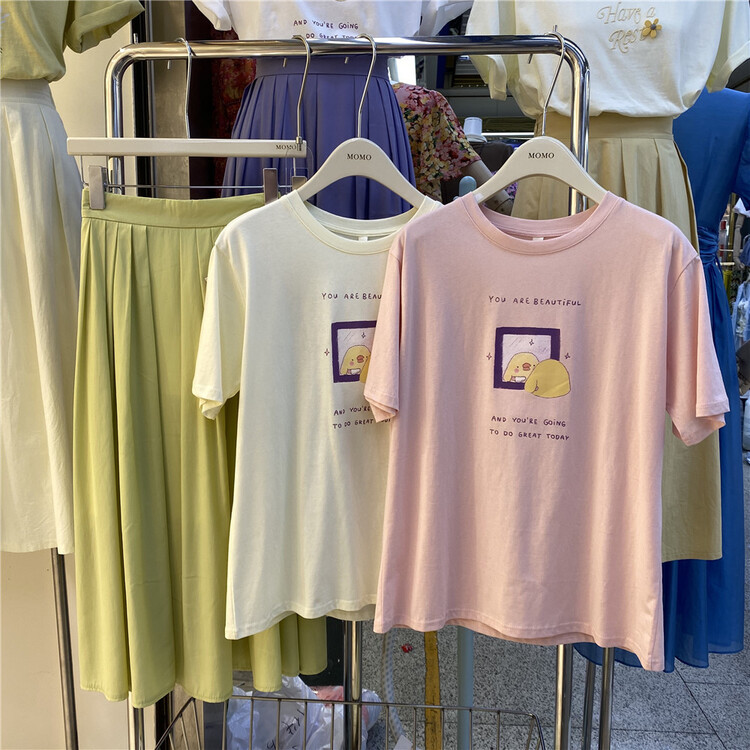 [Momo] Korean casual pattern printed short sleeve T-shirt 3900\hbx
