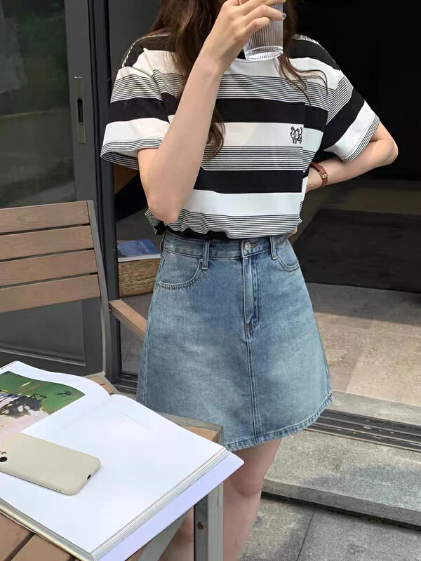 [Yingquan club] embroidered stripe versatile short sleeve T-shirt 5387\xyy