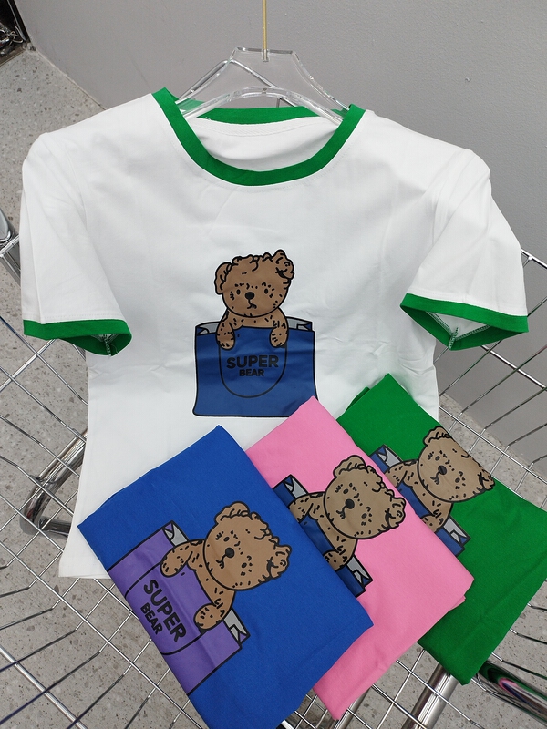 [Yilin] Cartoon Bear color contrast edge round neck short sleeve T-shirt 2401\wtt