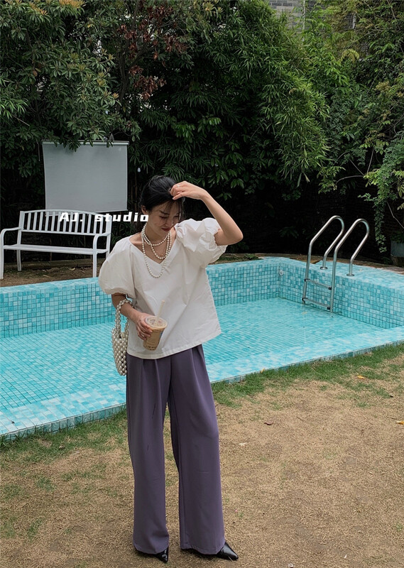 [aj.studio] V-neck bubble sleeve comfortable shirt ys1-9210\ll
