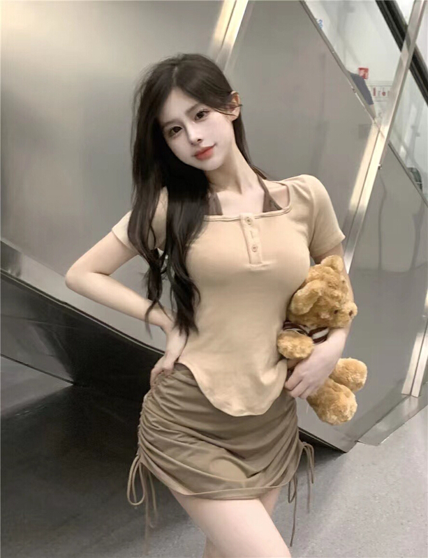[Hello Miss] simple fake two piece design shirt + slim drawstring skirt set 6861\pcz