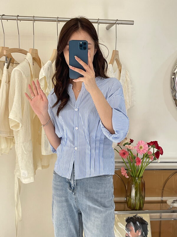 [Sunday morning] pleated striped contrast shirt s1053\zjy