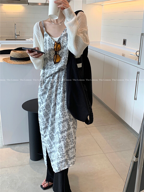 [lemon green tea] vintage pattern temperament suspender dress ys1-0390