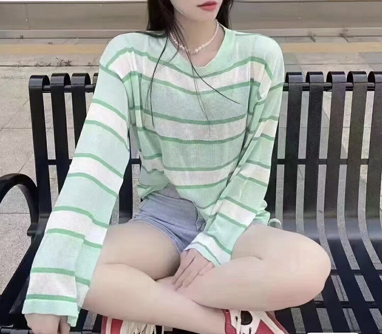 [f · P] lazy wind round neck stripe loose long sleeve sunscreen shirt 0565\hbx