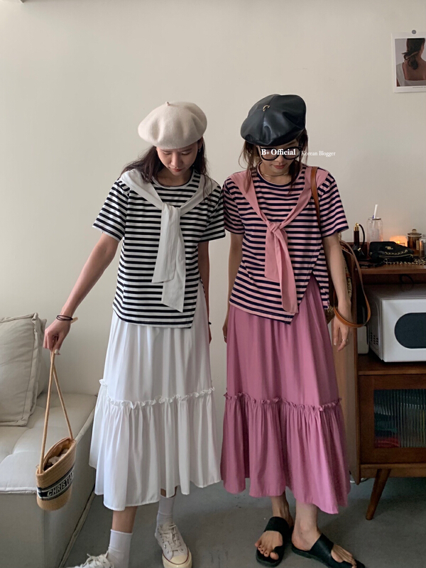 [B plus] fake two piece casual stripe short sleeve T-shirt 22-9531-2\hbx