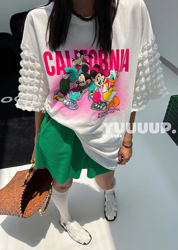 [yuuuup] cartoon Mickey watermark mosaic bubble lattice bud sleeve short sleeve T-shirt 622163\lsl