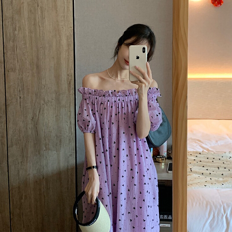 [bobi] Super fairy Ruffle off shoulder love Printed Dress 8953\hjy