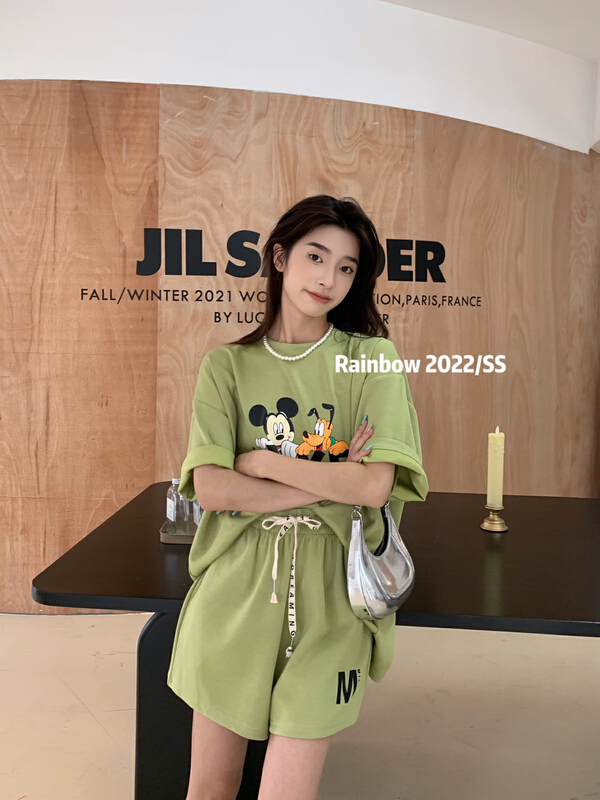 [rainbow] Mickey cute round neck short sleeve T-shirt + elastic waist casual Shorts Set 08185\wtt