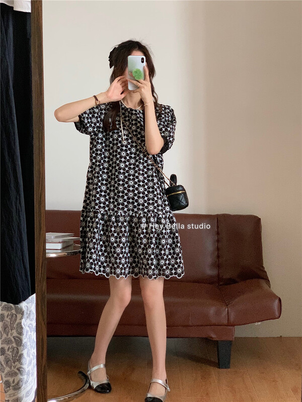 [hey Bella] round neck bubble sleeve temperament dress 2909\ll