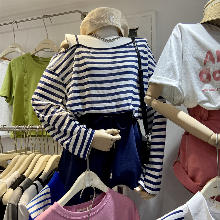 [an studio] striped off shoulder long sleeve T-shirt + comfortable elastic waist casual Shorts Set ys1-8812\l