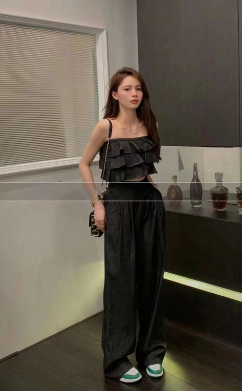[top] design sense Ruffle edge Strapless Vest + loose straight jeans set ys1-ys1-8095\zjy