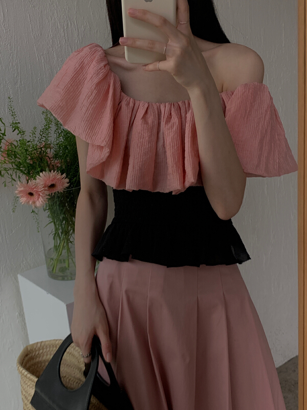 In early summer! [new open] Korean version ruffled baby collar with elastic waist and contrast color shirt cy22633\zxl