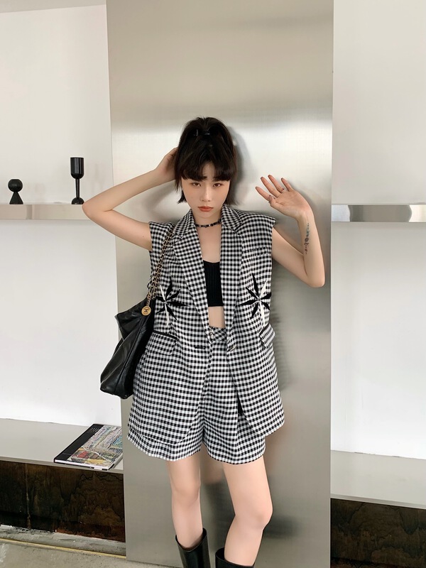 [Penny vogue] design sense retro pattern Vest + slim casual Shorts Set 66061\lsl
