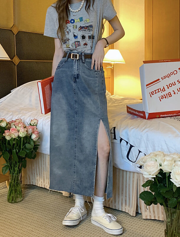 [ten.] Korean retro nostalgic thin high waist side slit denim skirt 67089\wpl
