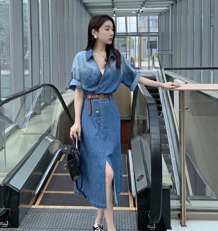 [Kiki studio] Hong Kong Style denim design thin dress (with belt) 6000\hjy