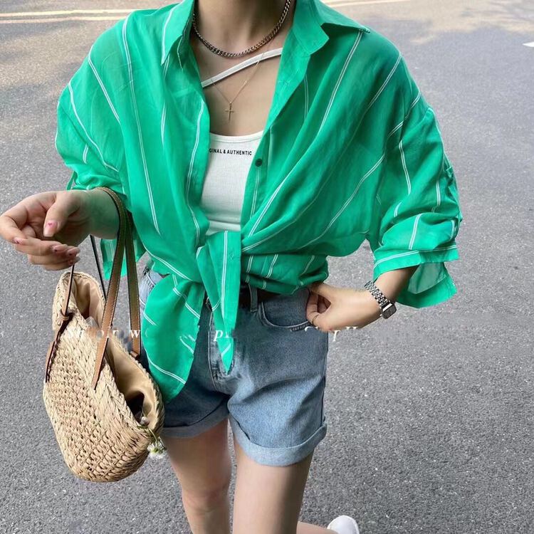 [I-D] Korean loose and versatile stripe sunscreen shirt 8175-1\ll