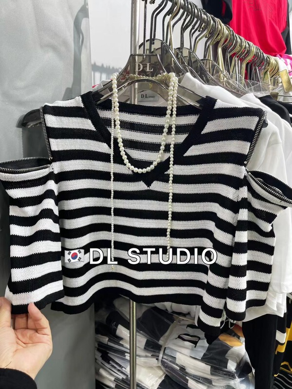 [DL] Zipper Shoulder stripe V-neck Pullover short sleeve T-shirt 68013\wtt