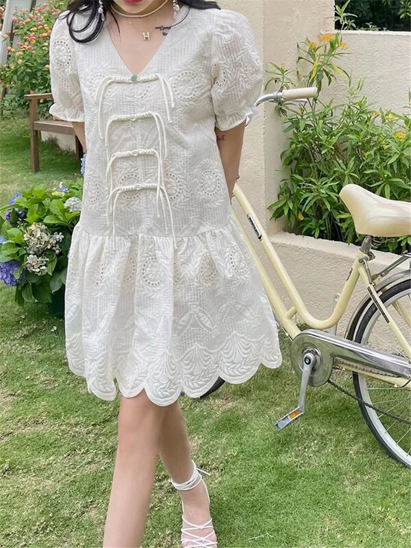 [Sumi] Korean V-neck bow bubble sleeve dress 22678\zjy