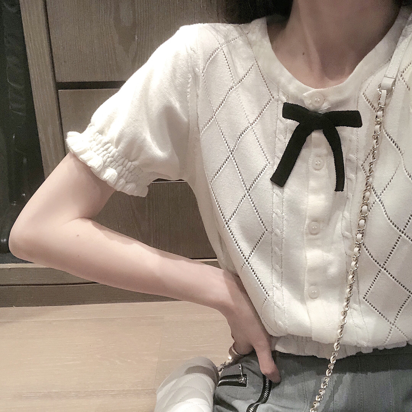 Momenthome cute bowknot short top summer breathable cool feeling wood ear edge knitted short sleeve women