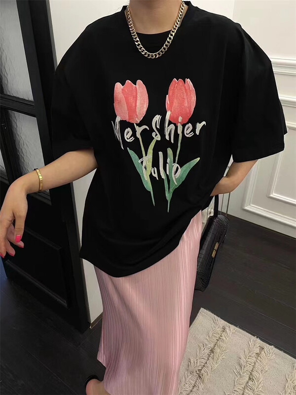 [keep] loose tulip oil painting printed Casual Short Sleeve T-shirt 7810\wtt