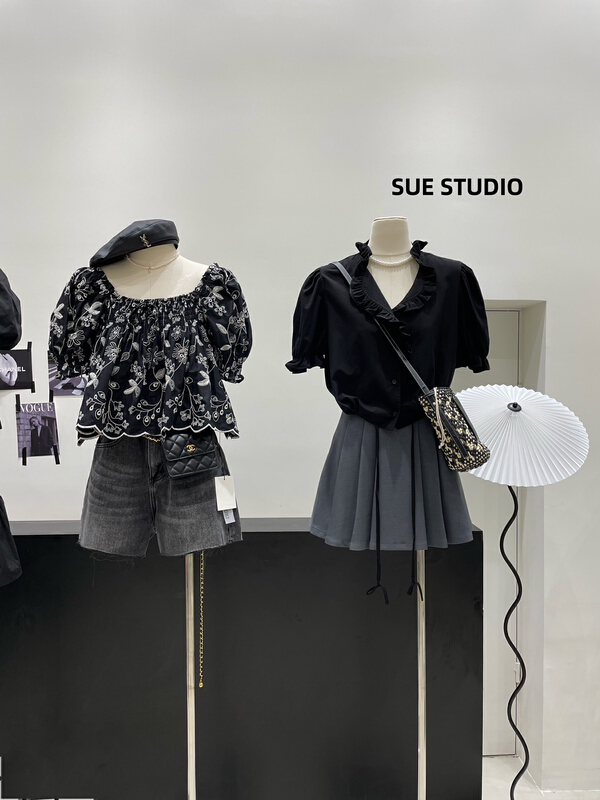 [Sue studio] lace short versatile fashion shirt 22298\zjy