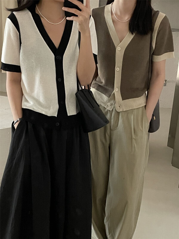 [clean space] Korean color blocking design short knitted cardigan 32615\cqw