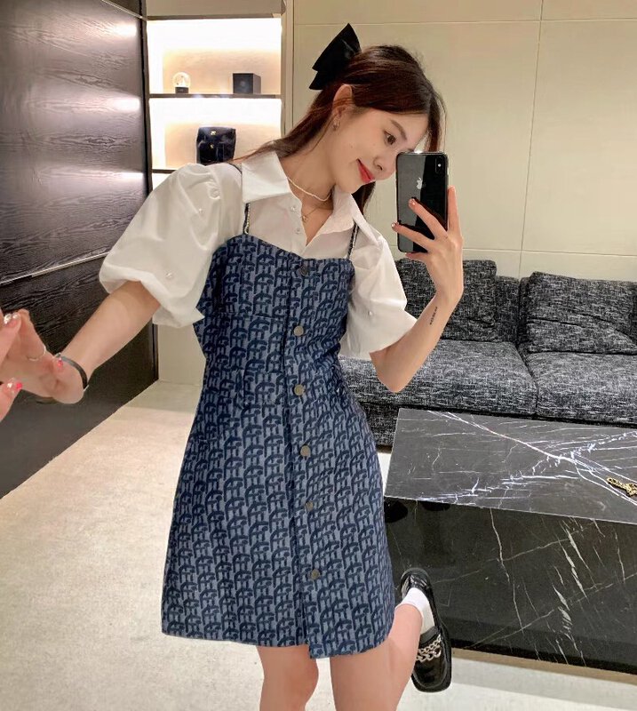 [jun.t] temperament lattice suspender dress + Beaded minority shirt suit 6163\pcz