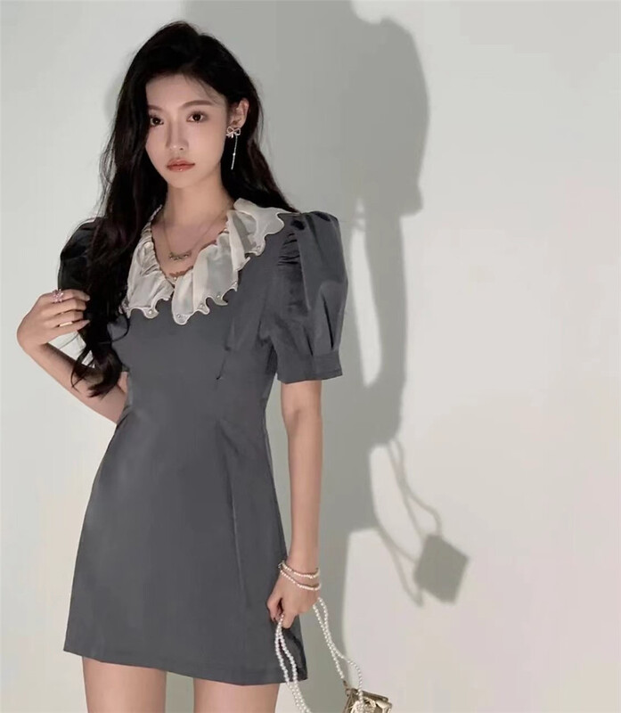 [six] simple wood ear side bubble sleeve temperament dress 06288\pcz