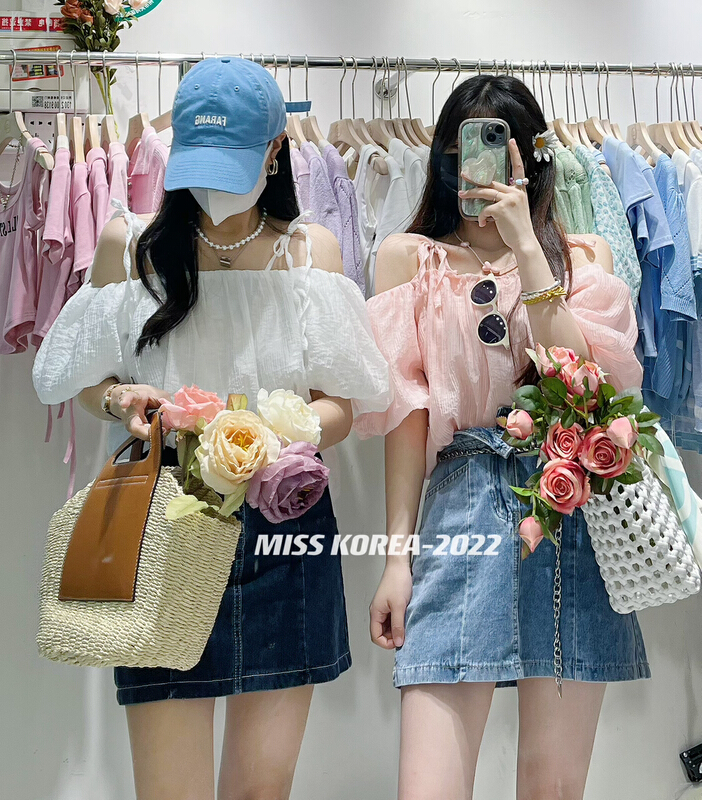 [Miss Korea] fairy fresh simple one line collar bubble sleeve shirt 6752\hbx